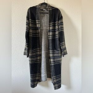 Spring & Mercer Women’s Knit Longline Cardigan Small Plaid Black Beige OpenFront